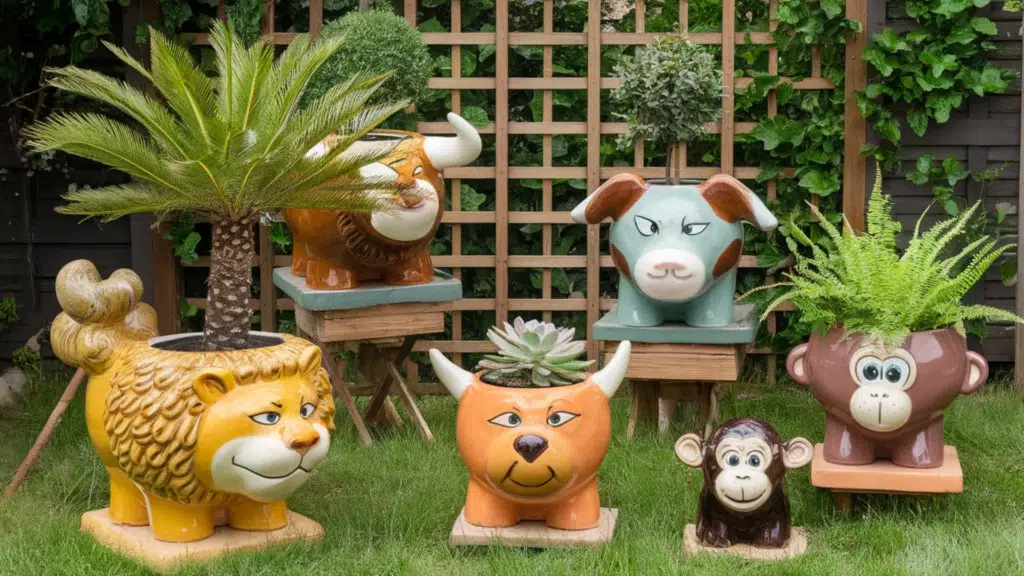 colorful animal-shaped planters with plants inside, including a lion, bull, dog, monkey, and a palm tree