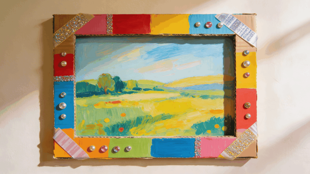 colorful cardboard diy photo frame with painted border displayed on wall