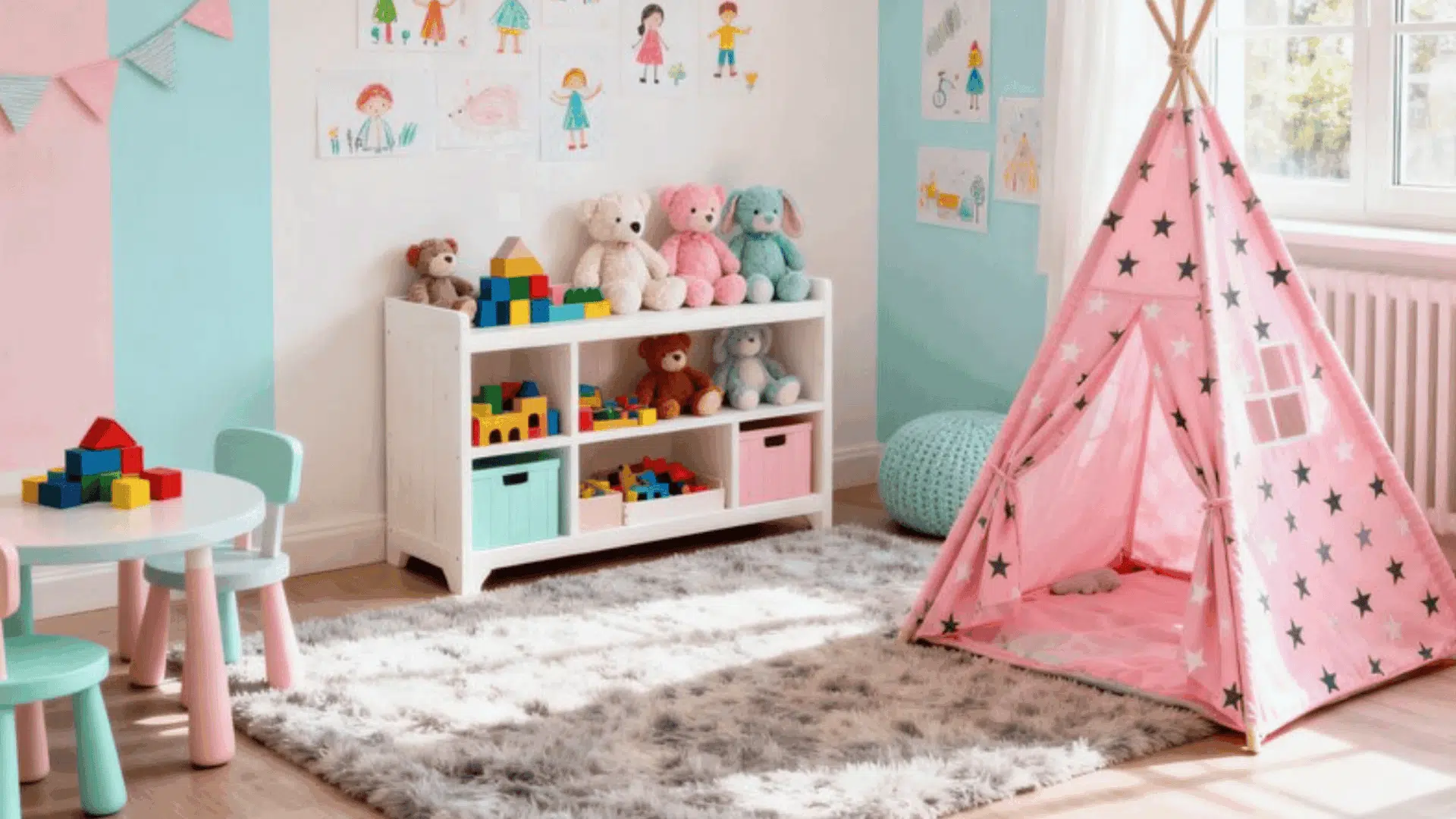 colorful children's playroom with toys, a teepee tent, and a bookshelf filled with stuffed animals and blocks