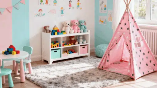 colorful children's playroom with toys, a teepee tent, and a bookshelf filled with stuffed animals and blocks