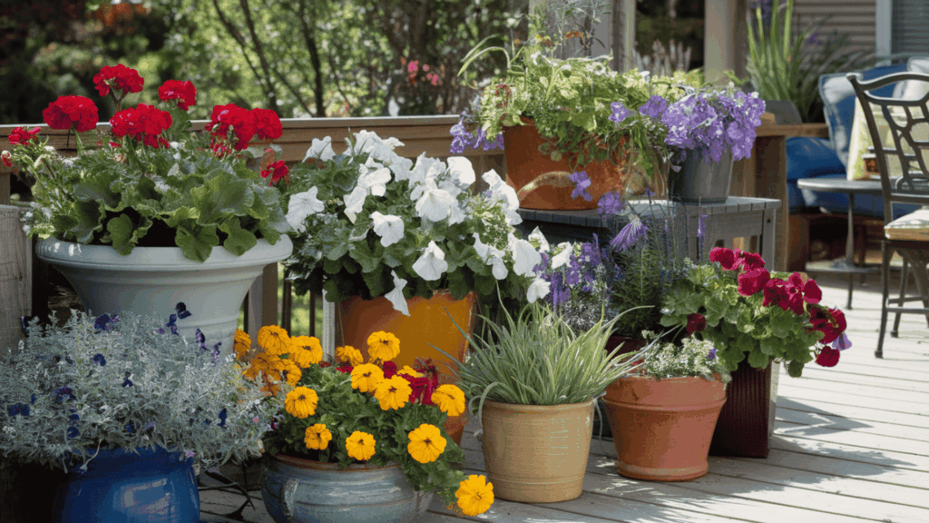colorful container flower garden with various pots filled with blooming flowers neatly arranged on a bright sunny backyard patio