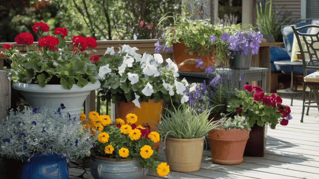 colorful container flower garden with various pots filled with blooming flowers neatly arranged on a bright sunny backyard patio