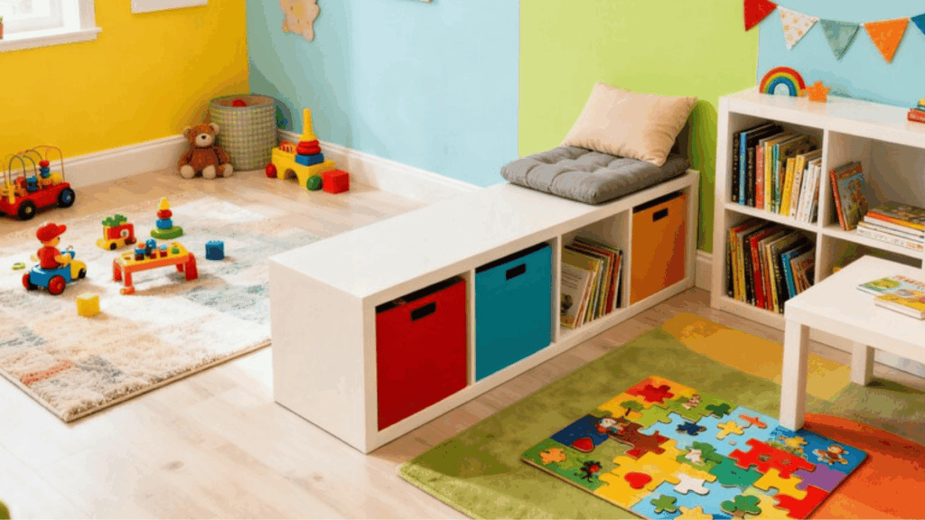 colorful kids playroom with toy storage bench, bookshelves, puzzles, and bright wall colors creating an organized and cheerful play area