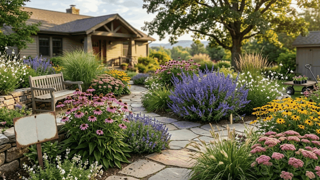 colorful perennial garden with stone path and seating in a low maintenance landscape.