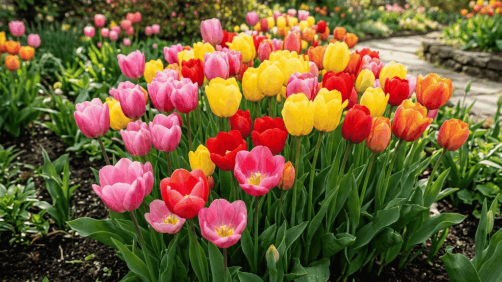 colorful tulips in red pink yellow and red blooming in a garden under soft spring sunlight