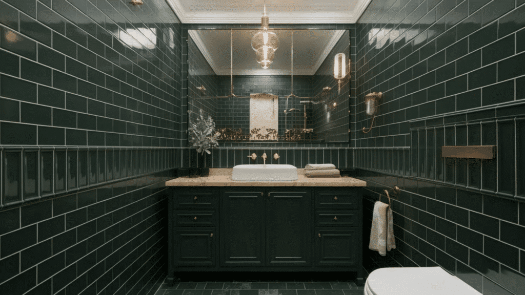 compact bathroom with glossy dark green subway tiles and a matching vanity. White vessel sink, brass fixtures, and a large mirror with warm lighting