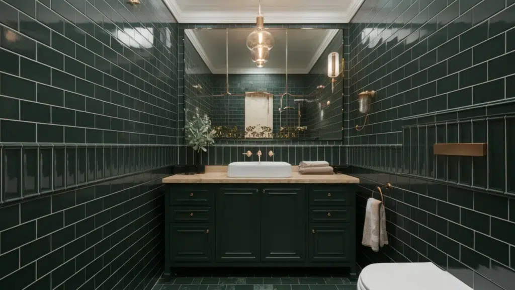 compact bathroom with glossy dark green subway tiles and a matching vanity. White vessel sink, brass fixtures, and a large mirror with warm lighting
