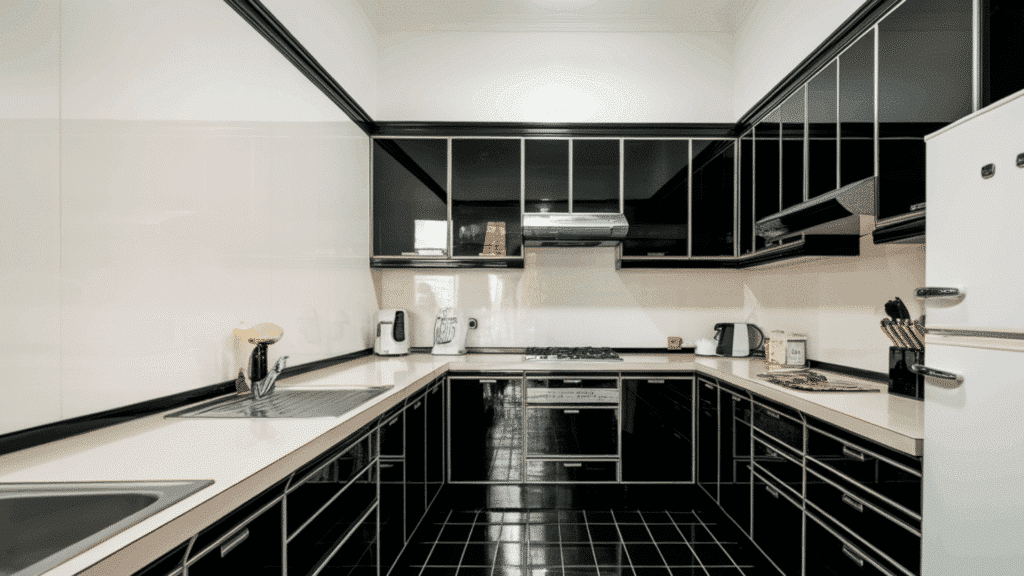 compact kitchen with glossy black cabinets, white counters, and tiled black floor.