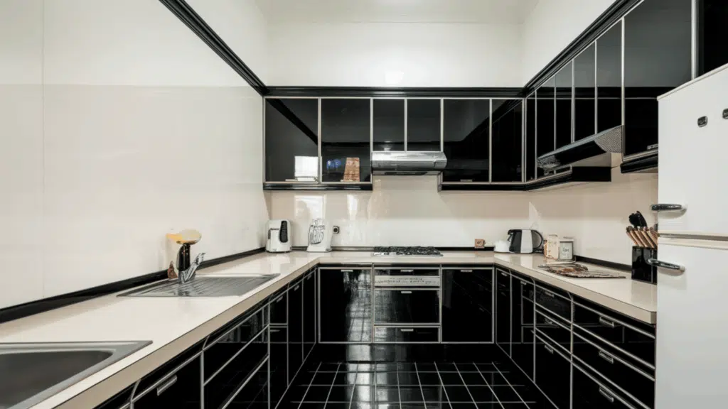 compact kitchen with glossy black cabinets, white counters, and tiled black floor.