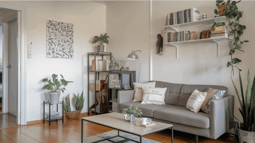 compact living room with gray sofa, wall shelves, indoor plants, and balanced decor arrangement.