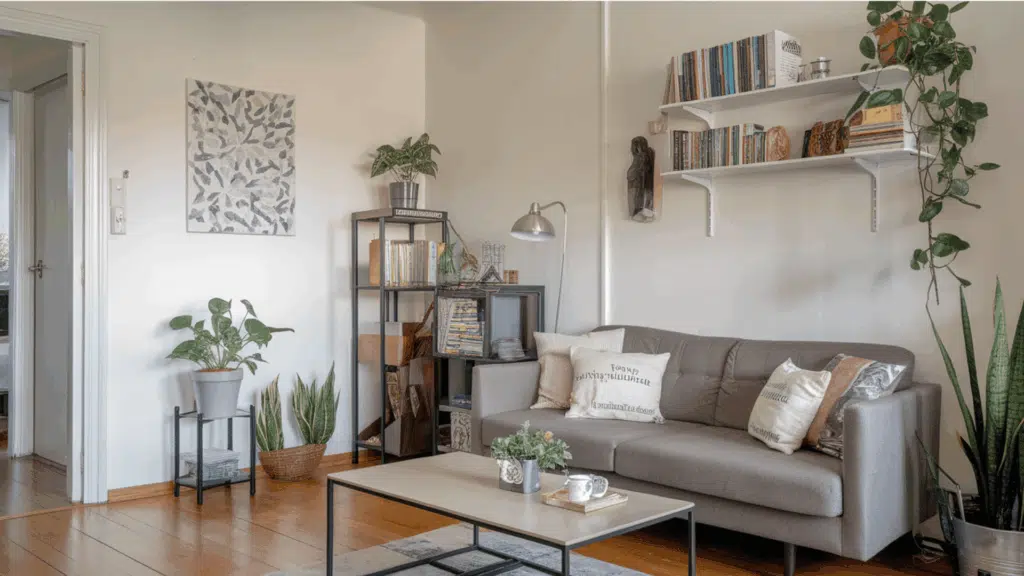 compact living room with gray sofa, wall shelves, indoor plants, and balanced decor arrangement.