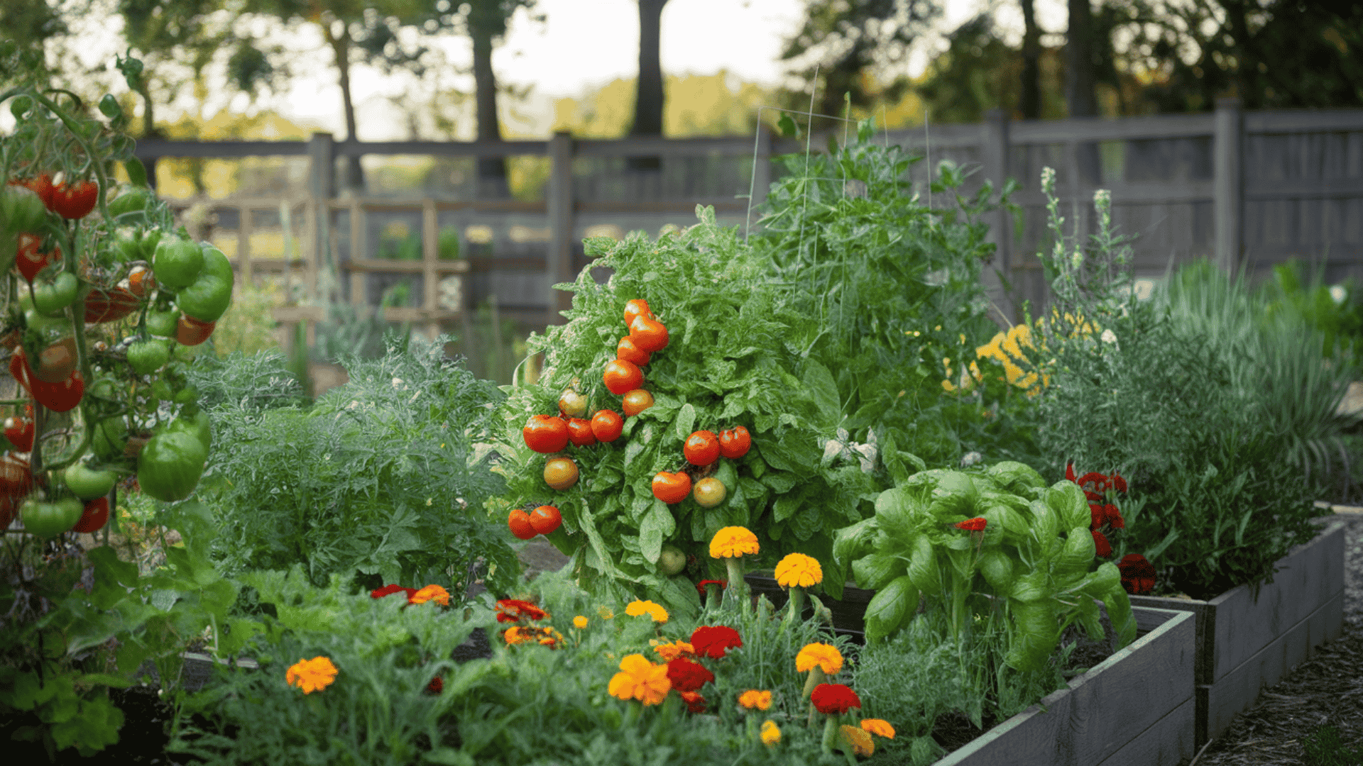 companion gardening layout showing tomatoes basil and marigolds growing together in a lush raised bed vegetable garden