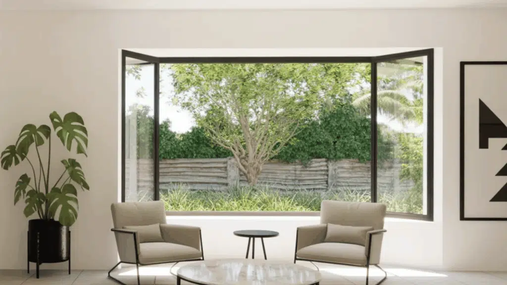 composite window with a dark brown roman shade, wooden windowsill, and a view of a tree and field outside