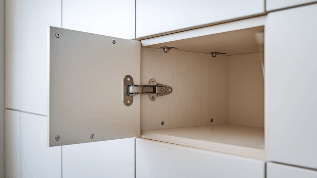concealed cabinet hinge on an open white modern frameless cabinet showing the silver hinge arm and oval plate on the door edge