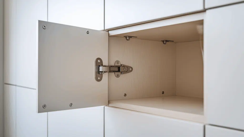 concealed cabinet hinge on an open white modern frameless cabinet showing the silver hinge arm and oval plate on the door edge