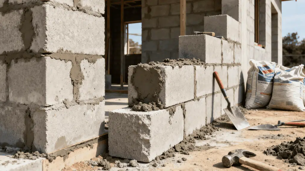 concrete block wall under construction with mortar, tools, and stacked cinder blocks on a residential building site