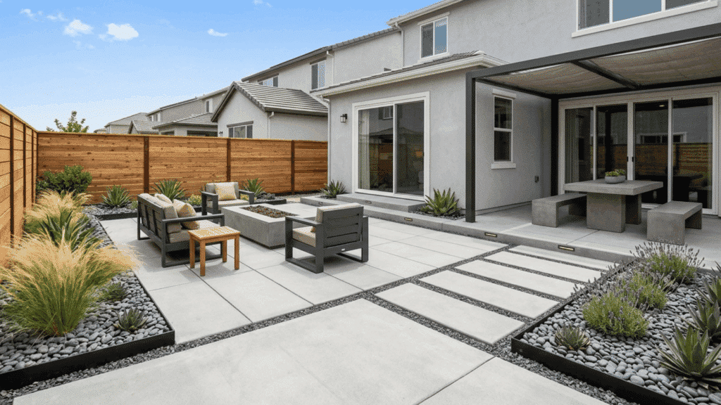concrete patio yard with seating and clean, low maintenance design. (1)