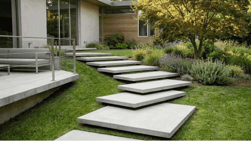 concrete step pathway across green lawn in front of modern home landscape. (1)