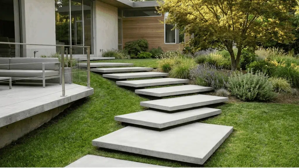 concrete step pathway across green lawn in front of modern home landscape. (1)
