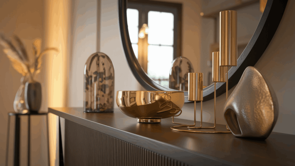 console table styled with small gold and brass decorative accents including a brass bowl and a gold candleholder