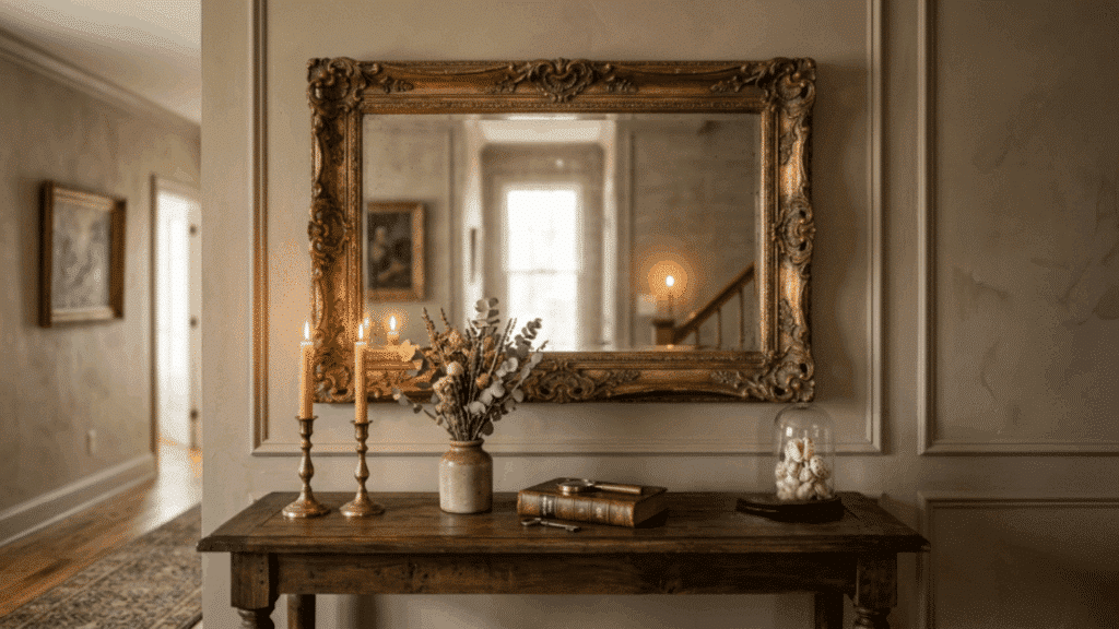 console table with antique mirror candles small decor soft lighting and warm tones creating a welcoming entryway setup