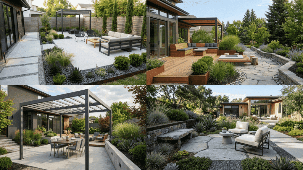 contemporary outdoor spaces with patios, decks, pergolas, and structured garden beds.