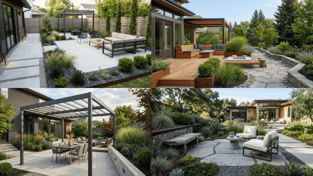 contemporary outdoor spaces with patios, decks, pergolas, and structured garden beds.
