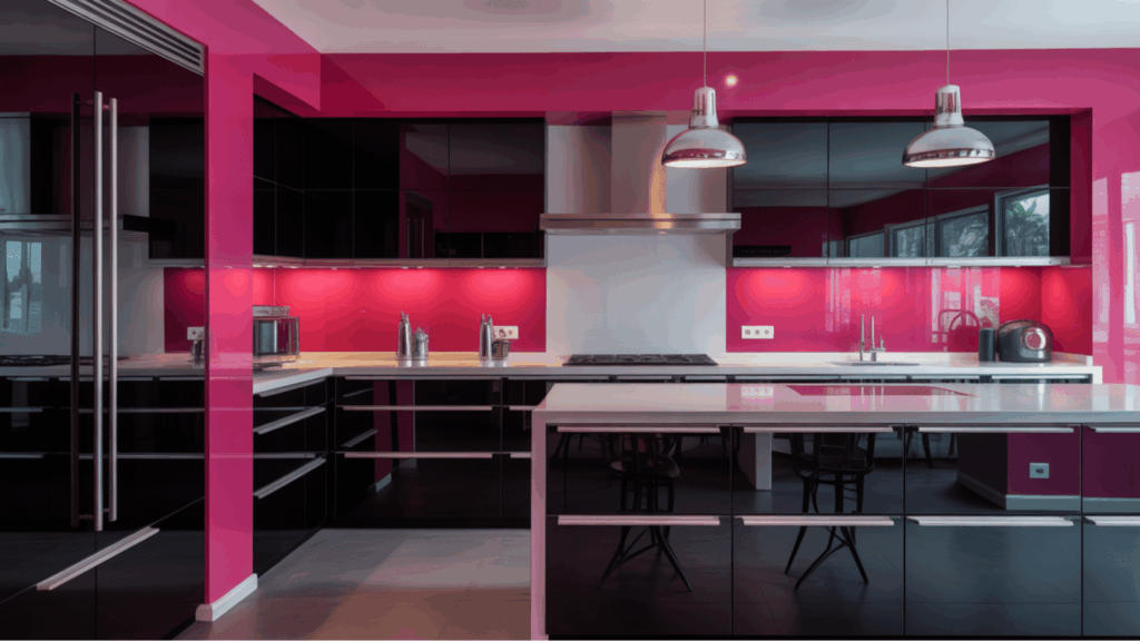 contemporary pink and black kitchen with glossy cabinets, island, and pendant lights.