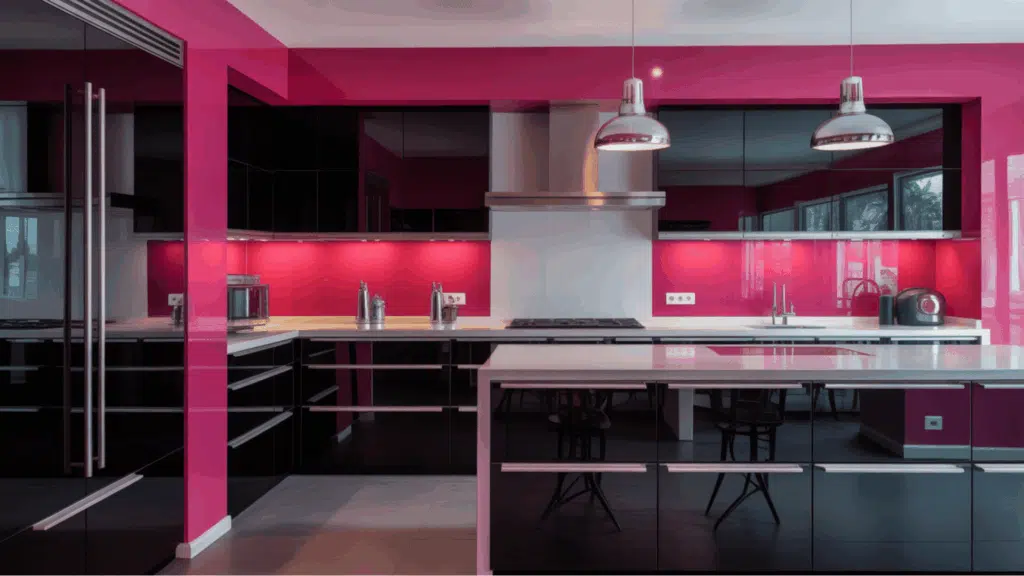 contemporary pink and black kitchen with glossy cabinets, island, and pendant lights.