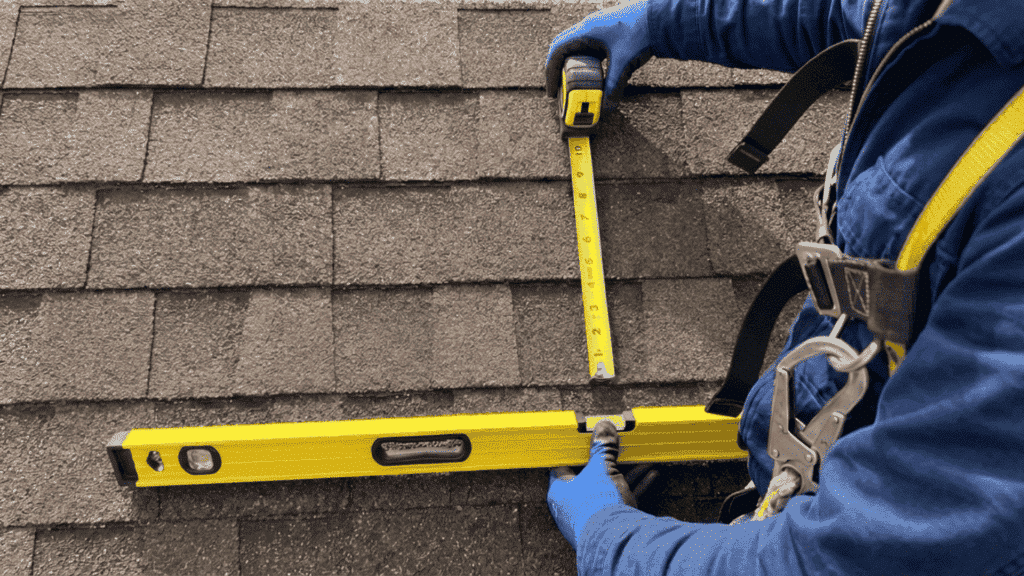 contractor measuring roof pitch using a level and tape measure on asphalt shingle roof to calculate rise over run slope measurement