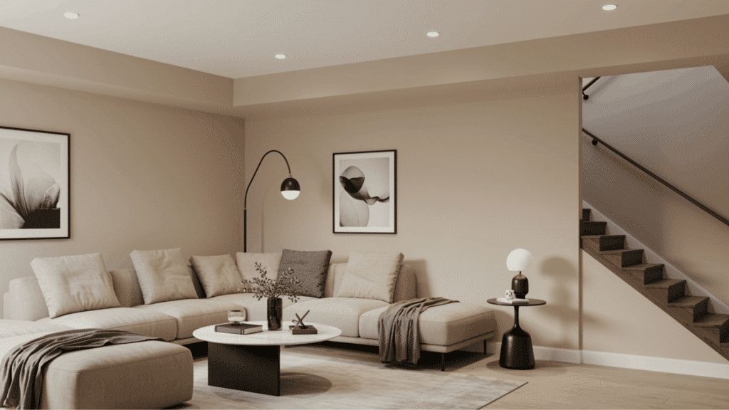 cool beige basement walls with white trim, cozy sectional seating, modern decor, and soft lighting for a calm neutral space