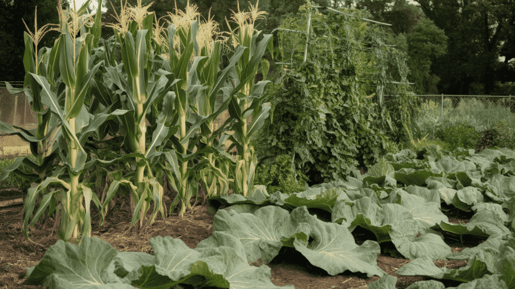 corn stalks with climbing bean vines and squash leaves growing together in a vegetable garden bed showing companion planting in action