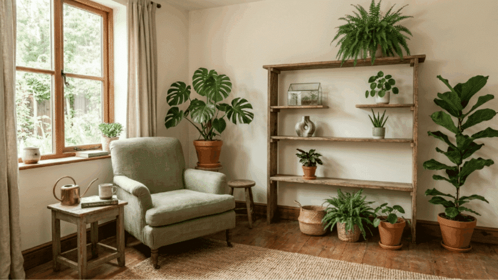 corner with indoor plants different sizes natural light wooden floor and calm setting creating a fresh and relaxing indoor space