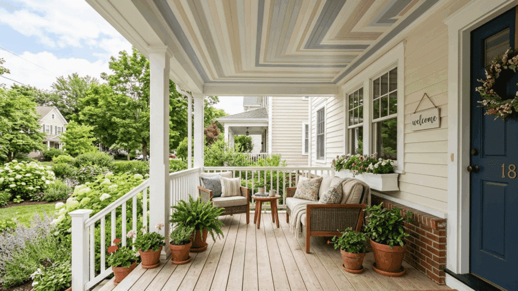 covered front porch with a painted geometric pattern ceiling in soft neutral colors, white columns and railing, light wood flooring, cozy seating, and potted plants.