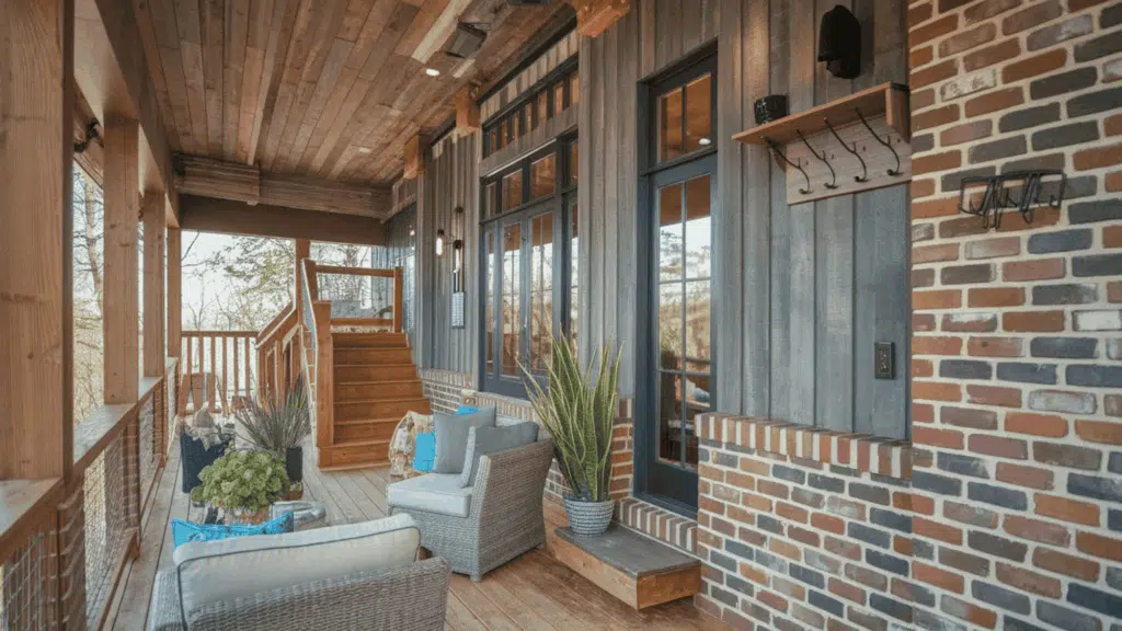 covered front porch with brick and wood siding, outdoor seating, and staircase leading to an upper deck