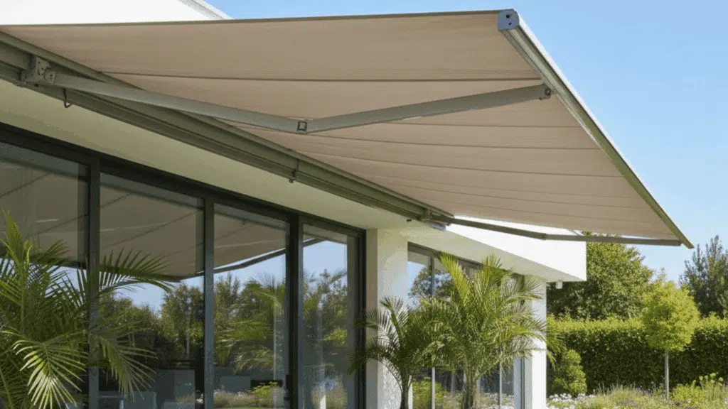covered patio with a retractable awning that allows for flexible sun and shade control throughout the day.