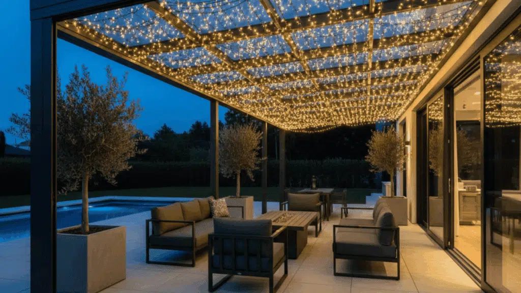covered patio with fairy lights woven through the ceiling, creating a whimsical, cozy atmosphere at night.