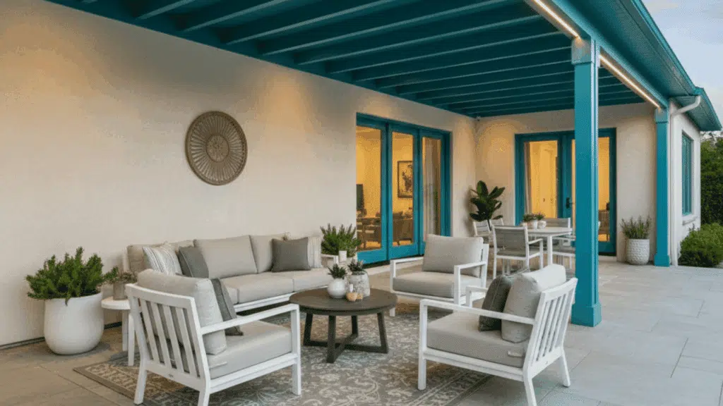 covered patio with freshly painted beams or ceiling, complementing outdoor furniture for a cohesive look.
