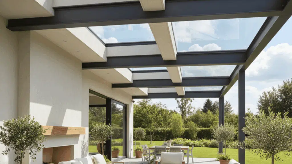 covered patio with skylights letting in natural light, offering an open, airy feel while protected.