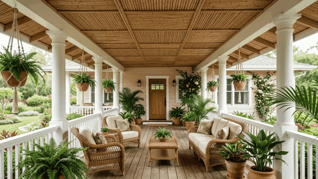 covered porch with bamboo panel ceiling in a grid pattern, white columns and railings, wicker seating, wooden deck floor, and lush tropical plants.