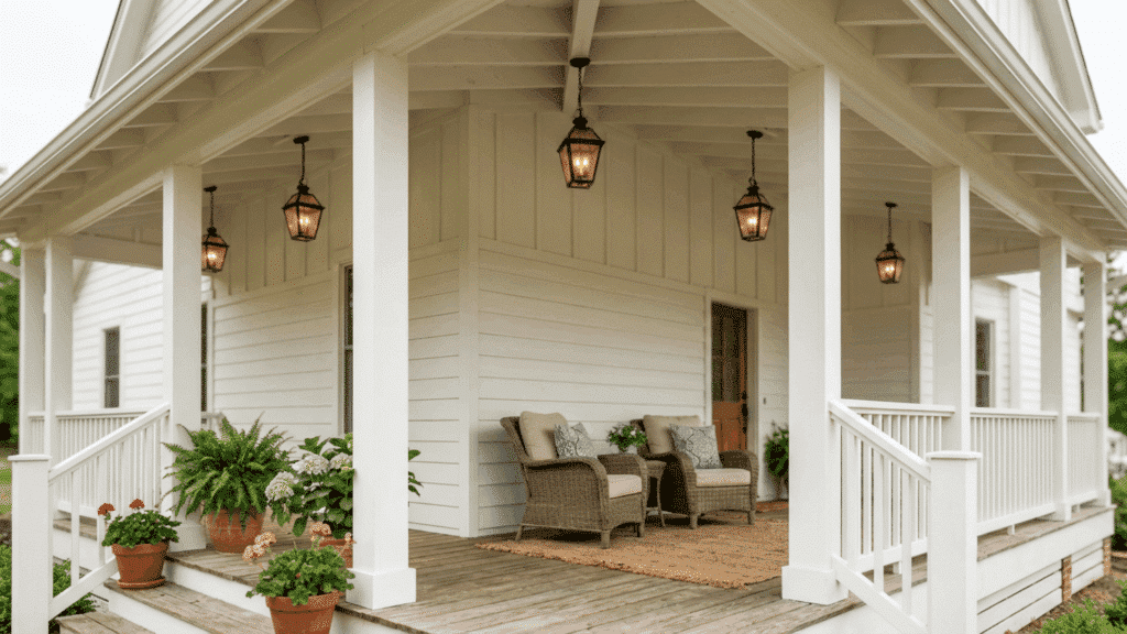 covered porch with board and batten ceiling, white columns and siding, hanging lantern lights, wicker chairs with cushions, and potted plants.