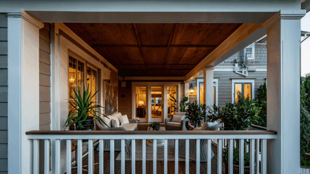 covered porch with dark stained wood ceiling, white columns and railing, cozy outdoor seating, warm lighting from inside the home, and lush plants.