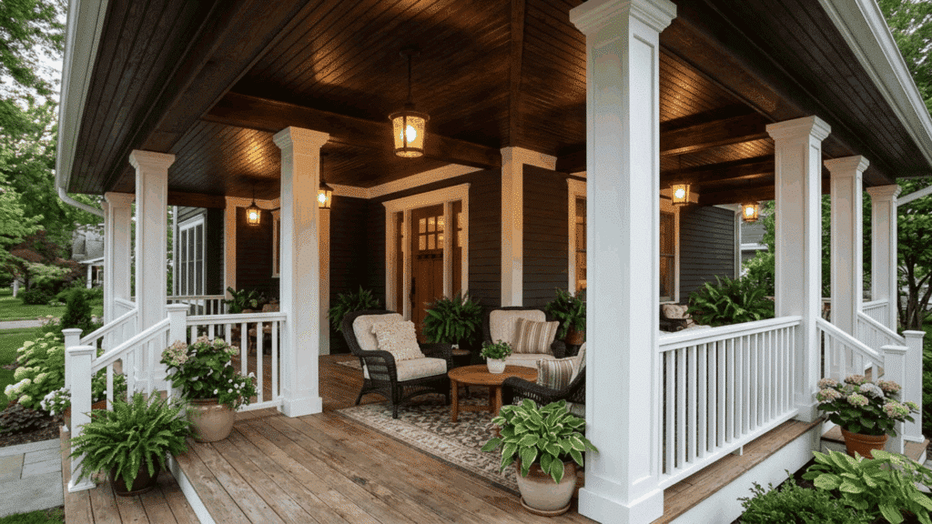 covered porch with dark wood ceiling, white columns and railing, warm hanging lantern lights, cozy seating area, and lush green plants.