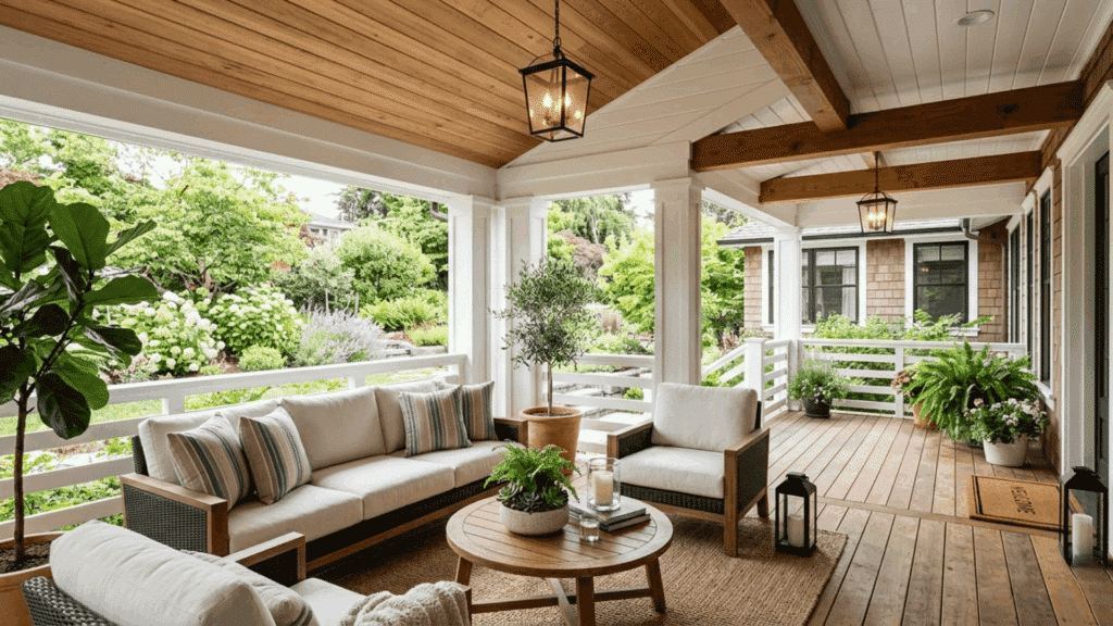 covered porch with mixed wood panels, white painted ceiling sections, and exposed beams, featuring cozy seating, lantern lights, plants, and a warm natural wood deck.