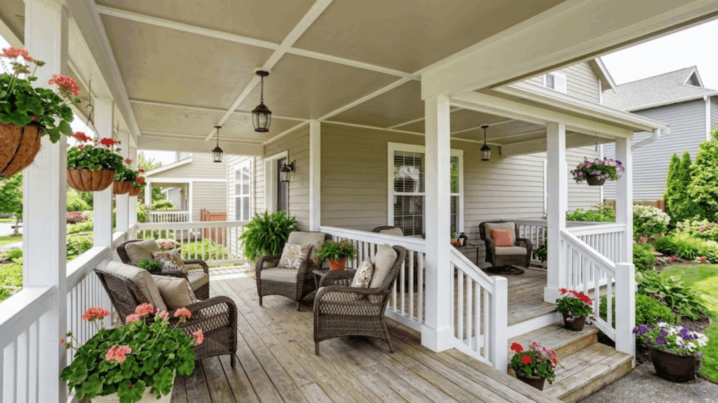 covered porch with painted plywood ceiling panels, white trim grid pattern, wicker seating area, hanging lantern lights, and potted flowers.
