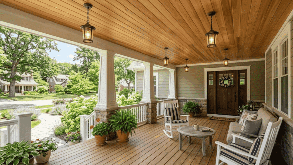 covered porch with tongue and groove wood ceiling, warm stained boards, hanging lantern lights, white columns, and comfortable outdoor seating area.