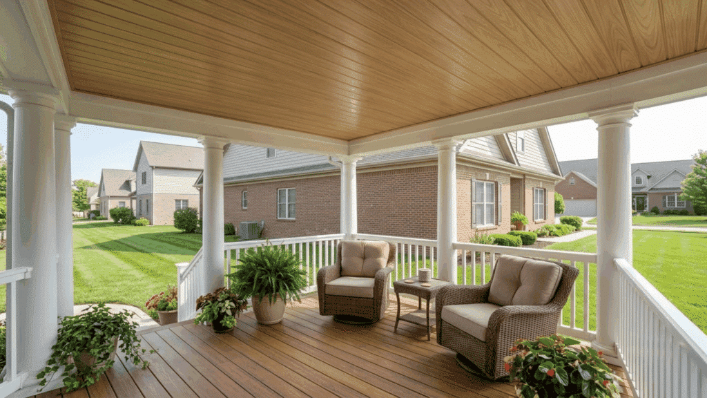 covered porch with wood-look PVC ceiling panels, white columns and railings, wicker chairs with cushions, and potted plants overlooking a suburban yard.