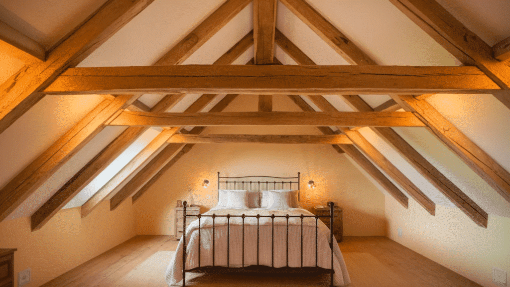 cozy attic bedroom with exposed wooden beams, a metal bed frame, warm lighting, and sloped ceilings
