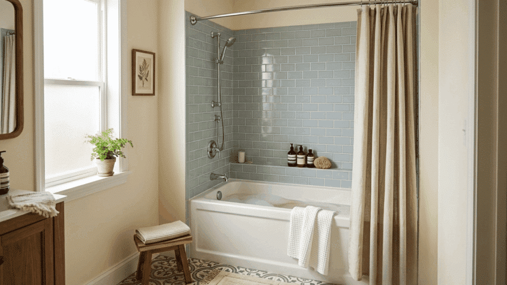 cozy bathroom with alcove tub, blue tile wall, and shower curtain.