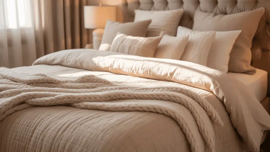 cozy bedroom with layered bedding pillows and soft neutral tones